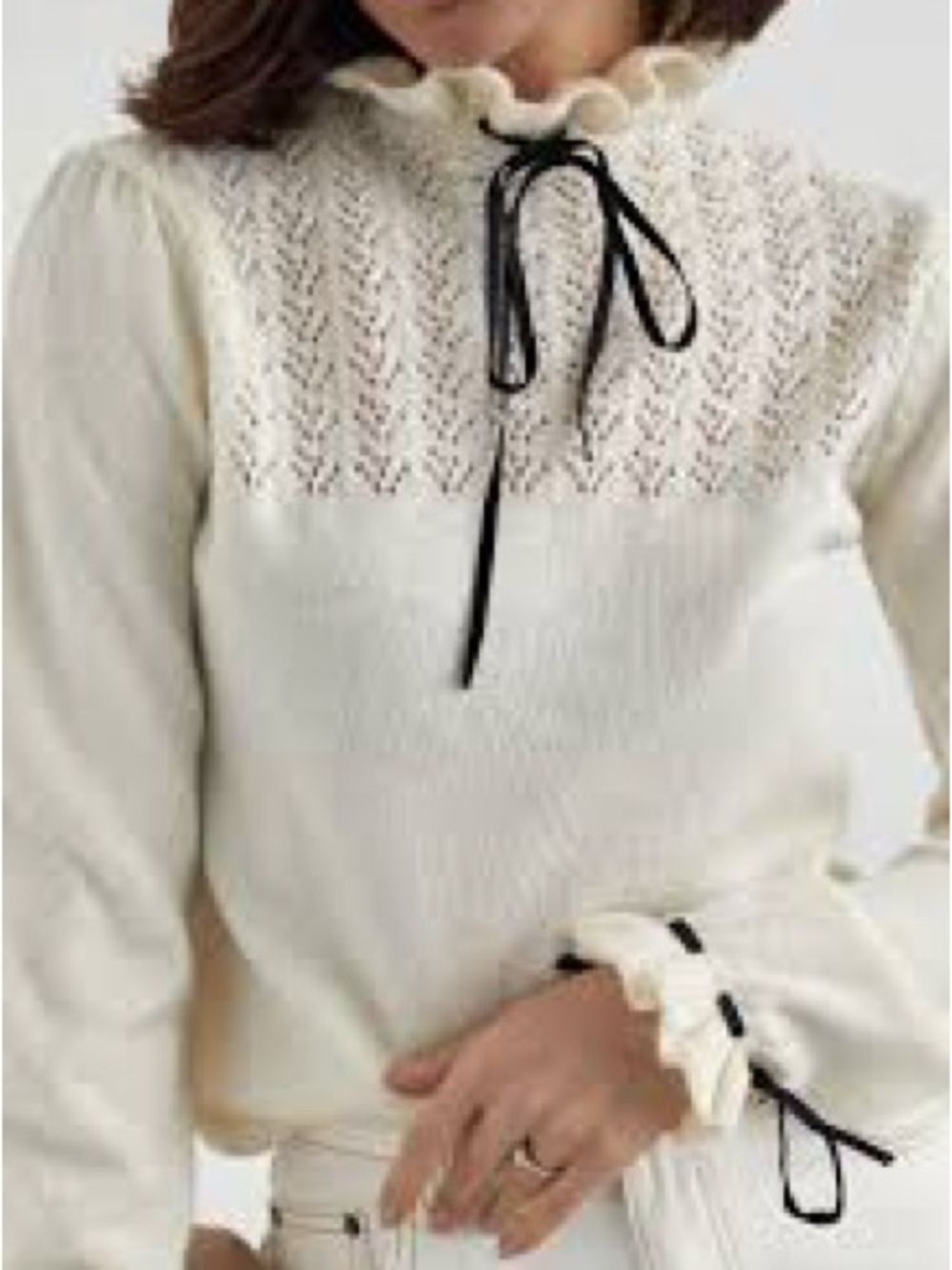 Zara Cream Ruffle-Neck Sweater with Black Ribbon Detail - Picture 5 of 6